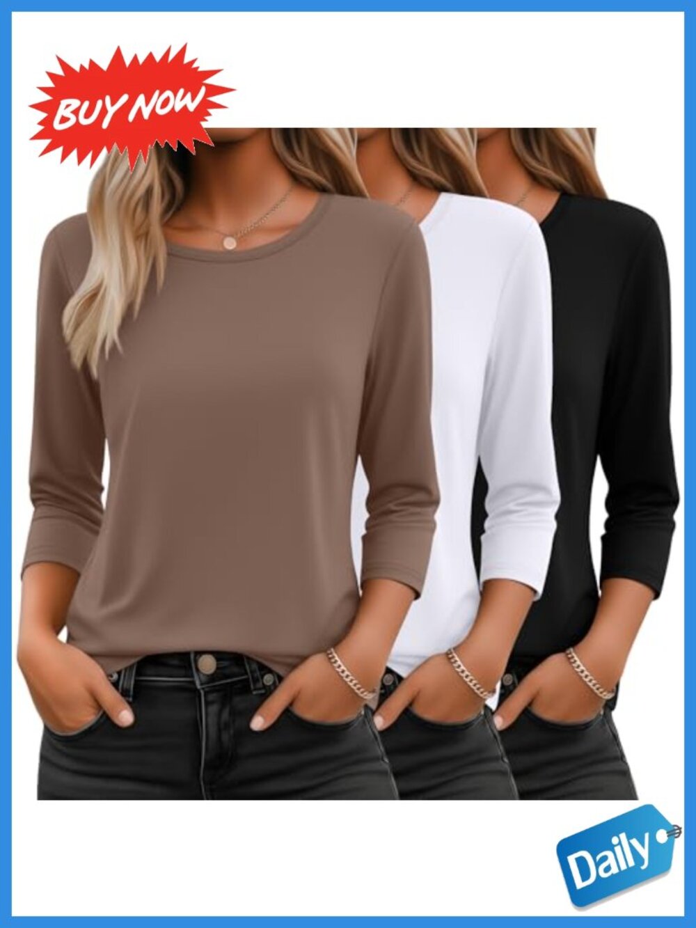 Ficerd 3 Pack 3/4 Sleeve Tops for Women Basics Crewneck T Shirts